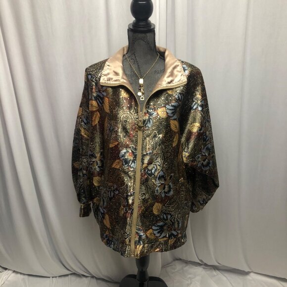 Rafael Reversible Floral and Solid Satin Bomber Jacket Womens Size Large Zipper - Picture 1 of 11